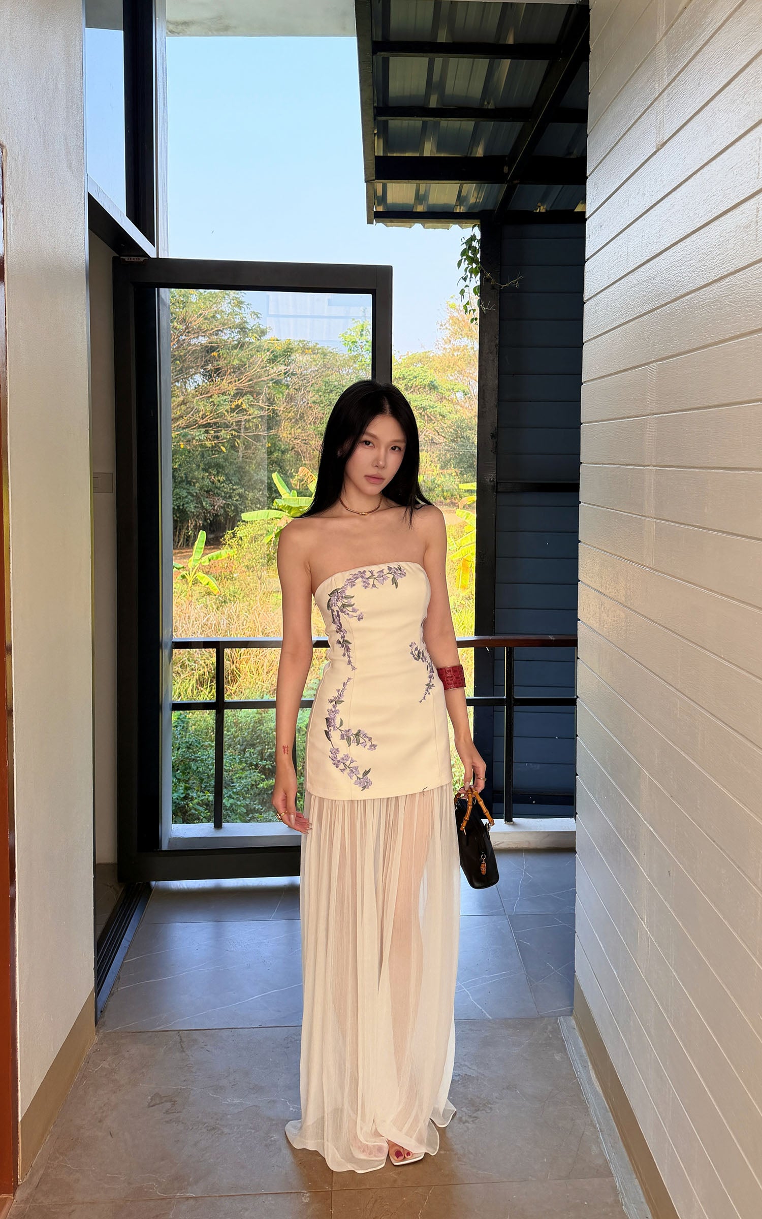 Hydrae Strapless Embroidered Mesh Panel Maxi Dress