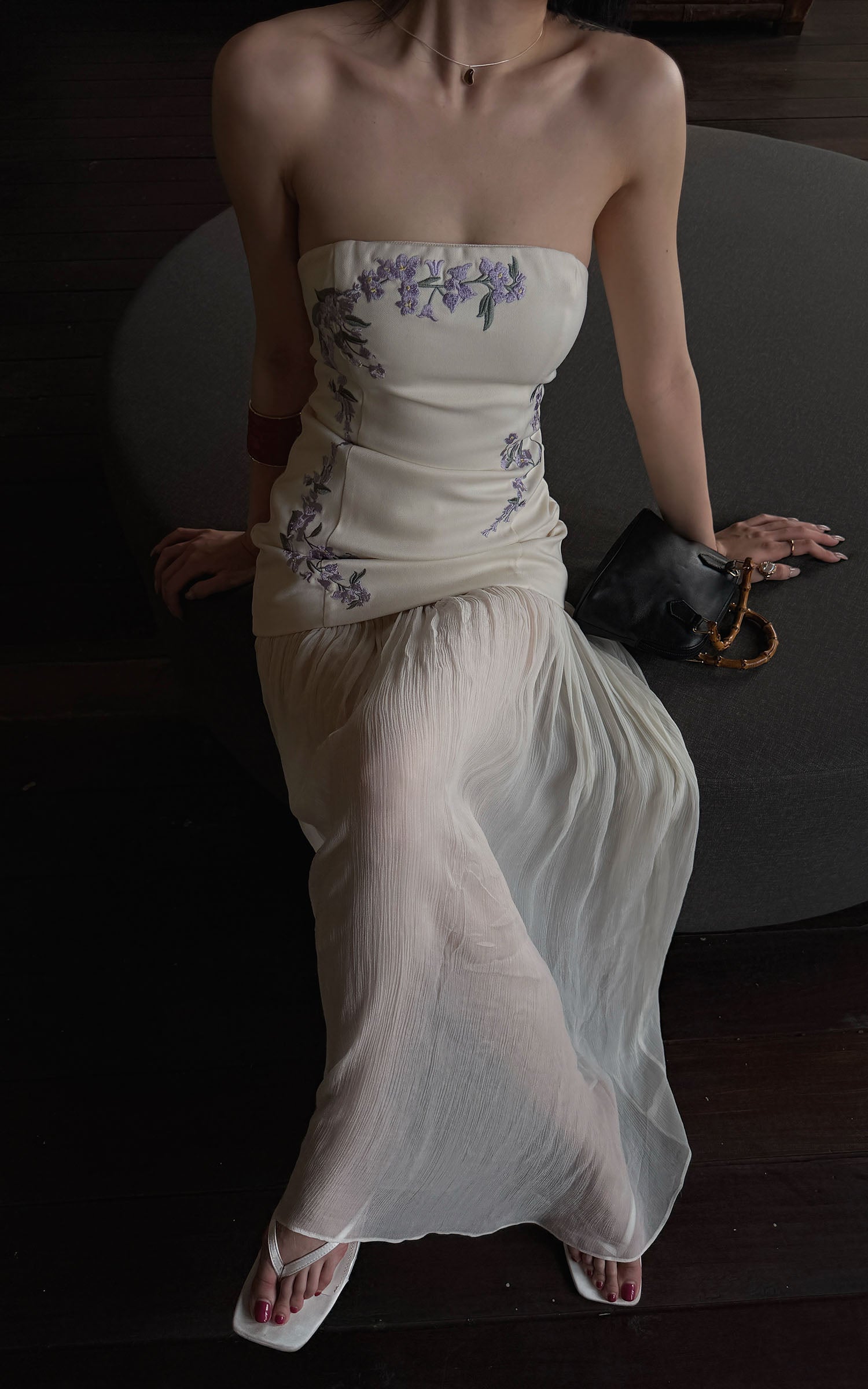 Hydrae Strapless Embroidered Mesh Panel Maxi Dress