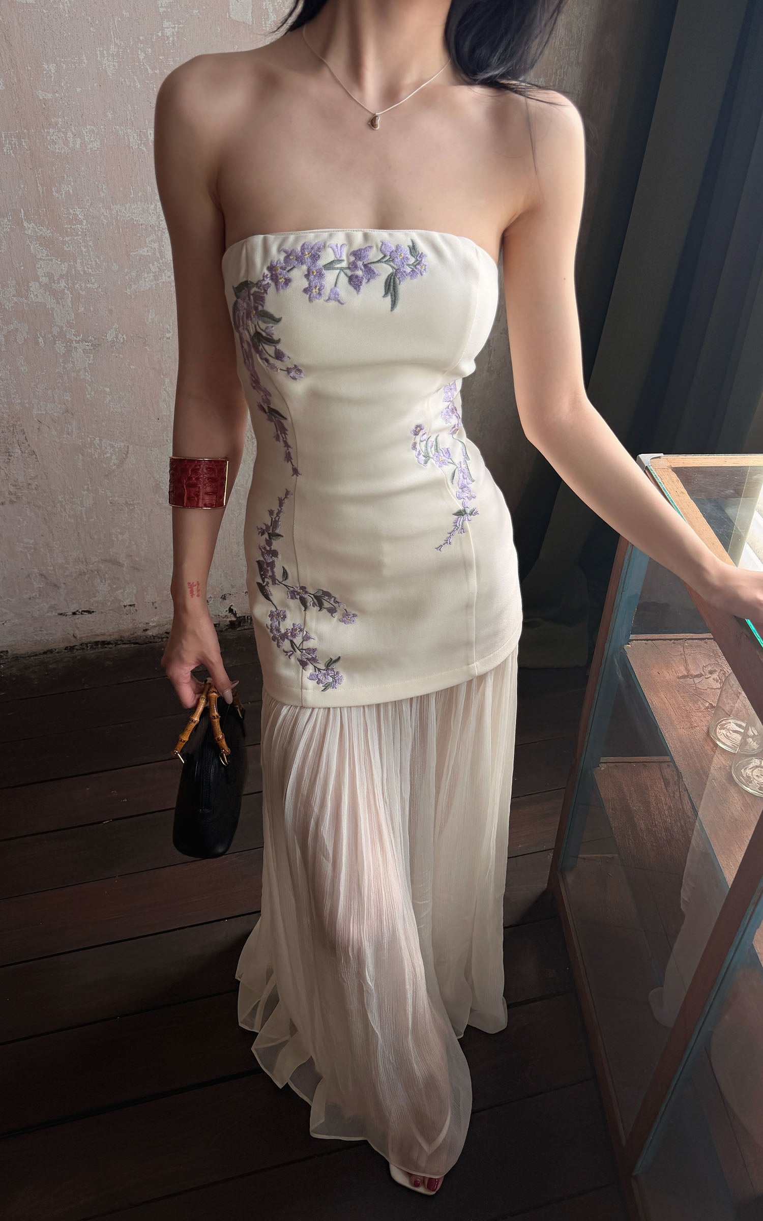 Hydrae Strapless Embroidered Mesh Panel Maxi Dress