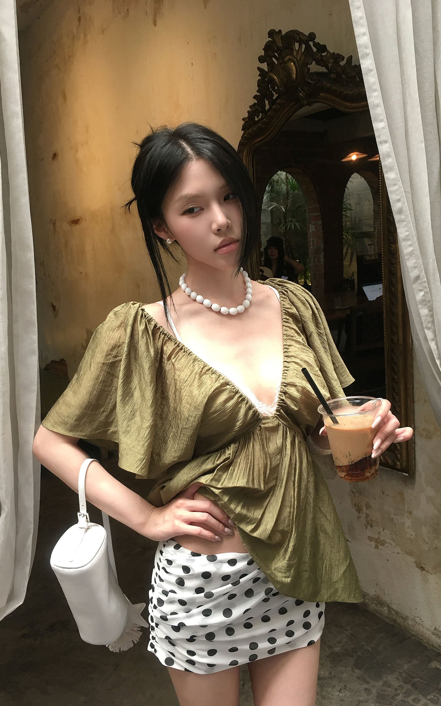 Hydrae Polka Dot Ruched Mini Skirt High Rise Bodycon Fitted Micro Skirt