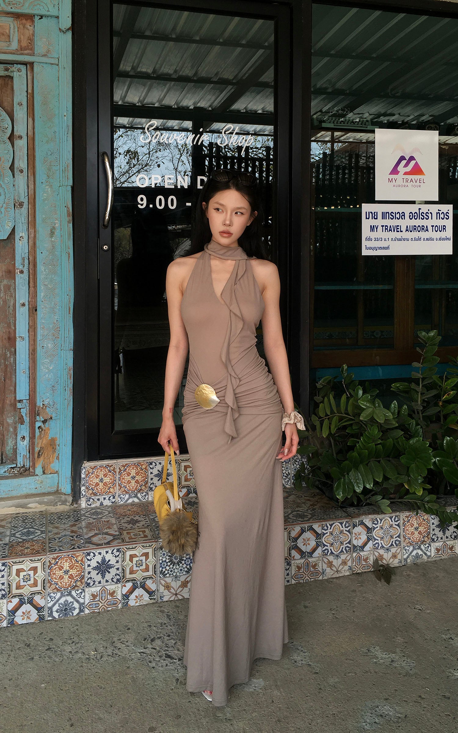 Hydrae Ruched Halter Maxi Dress with Shell Detail