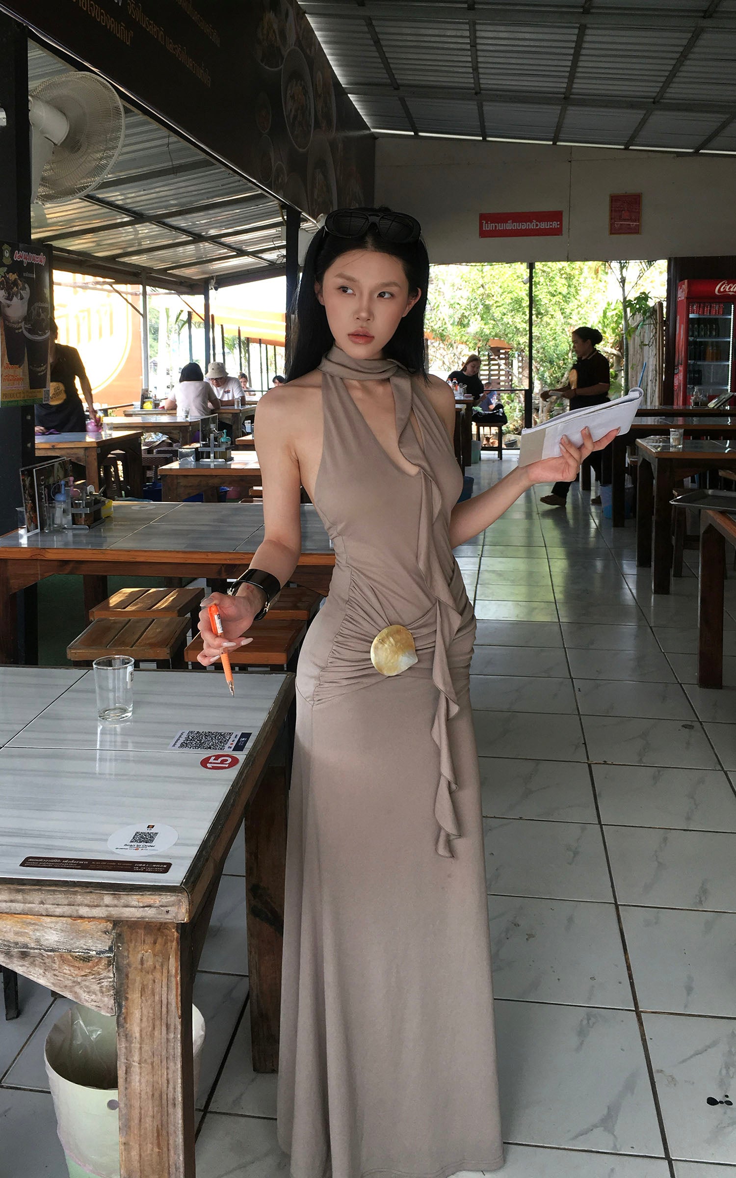 Hydrae Ruched Halter Maxi Dress with Shell Detail