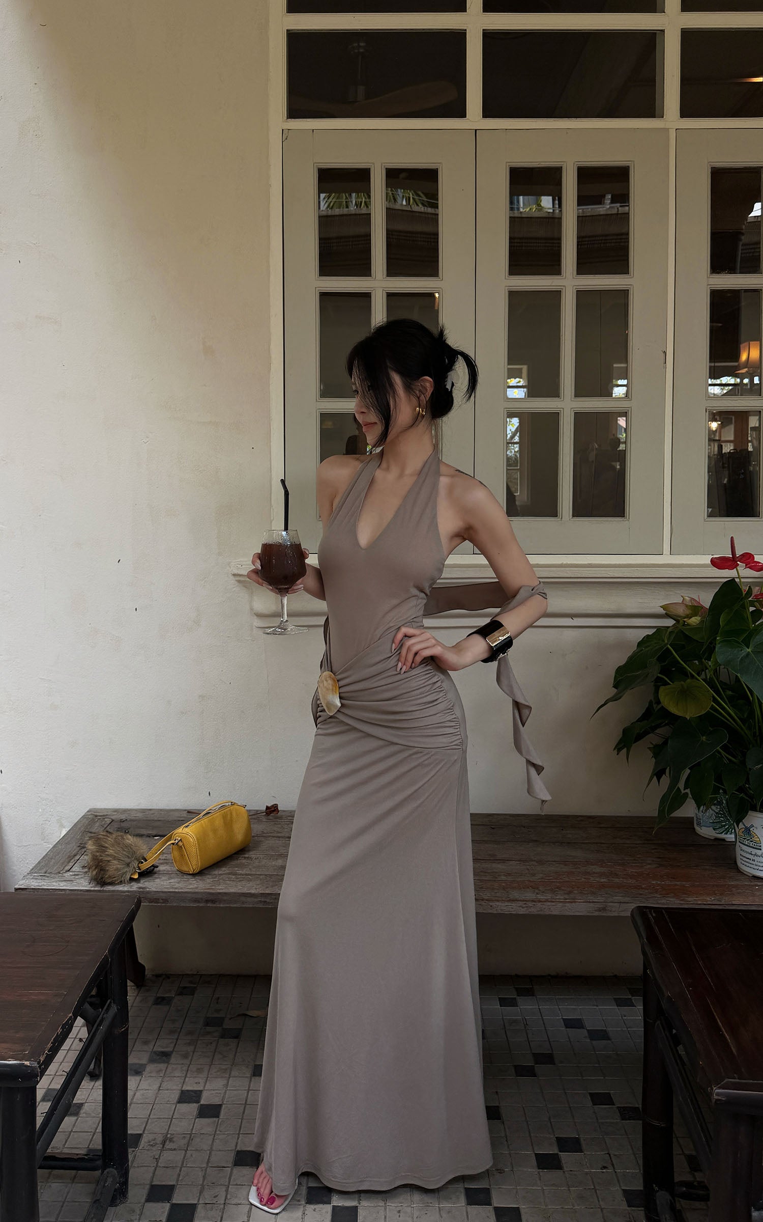 Hydrae Ruched Halter Maxi Dress with Shell Detail
