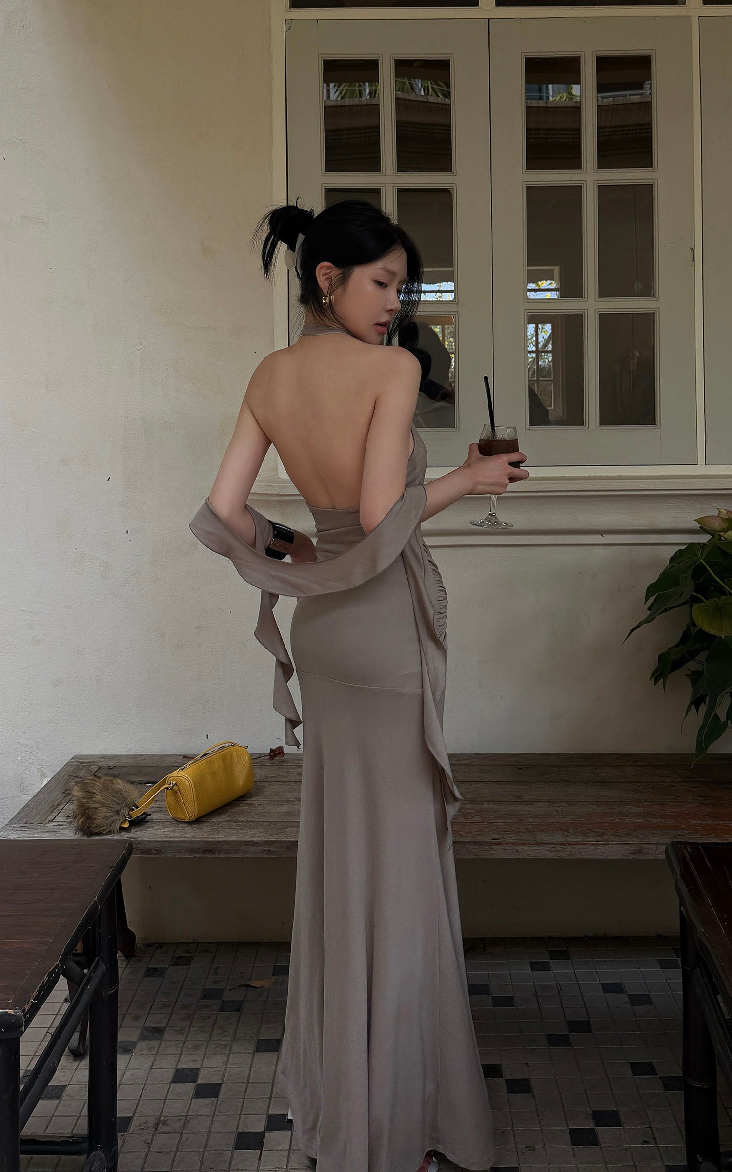 Hydrae Ruched Halter Maxi Dress with Shell Detail