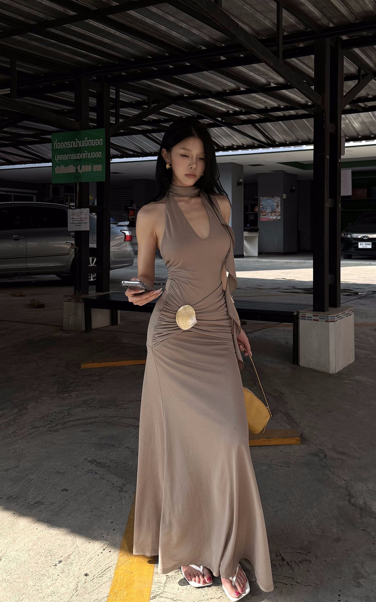 Hydrae Ruched Halter Maxi Dress with Shell Detail