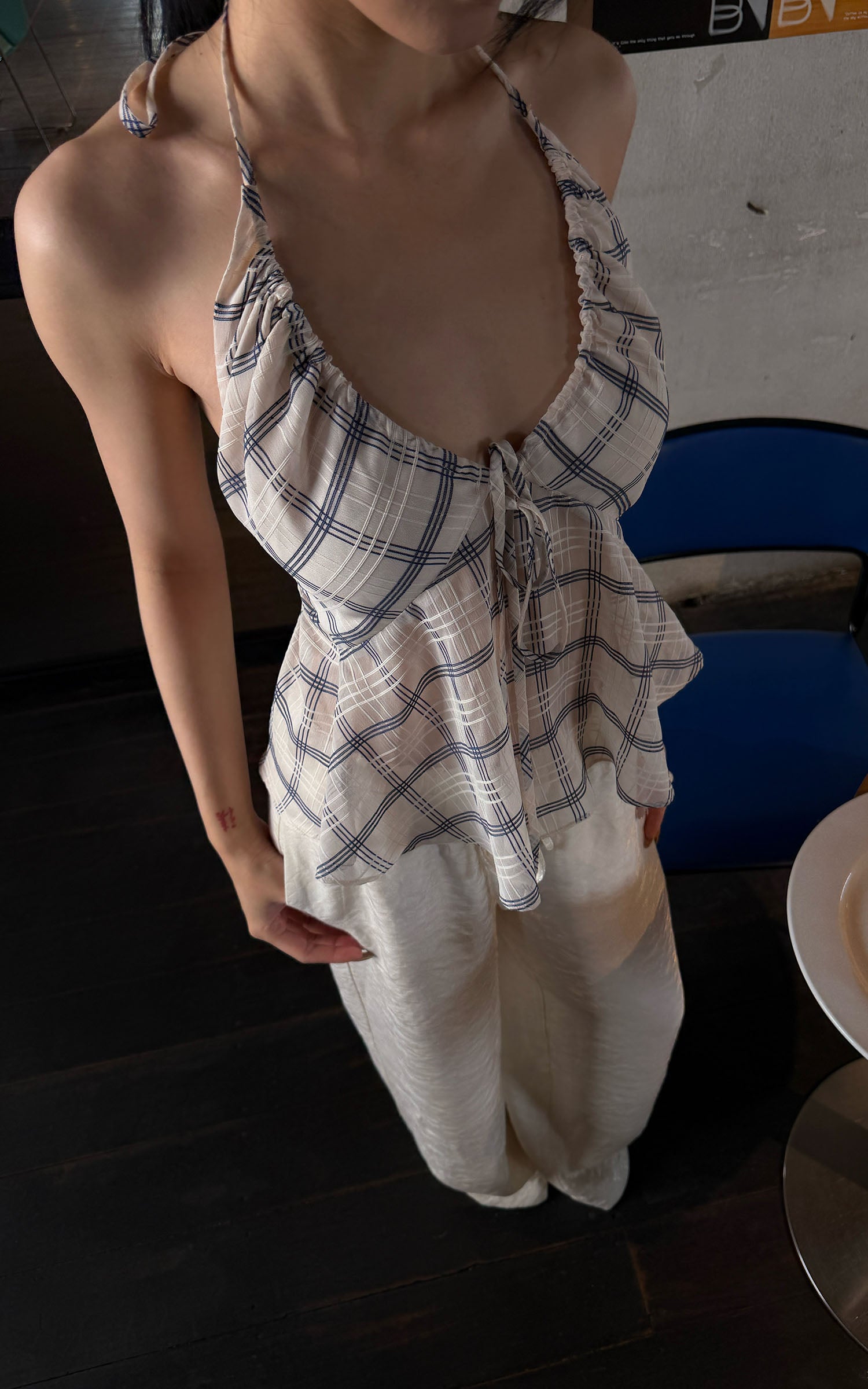 Hydrae Plaid Halter Backless Flowy Cami Top Ruched Tie Front Lightweig ...