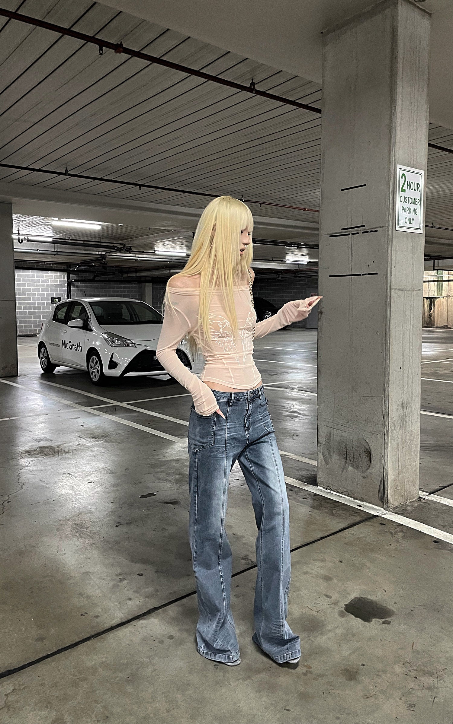 Rase le sol 비대칭 오프숄더 엔젤 윙 프린트 메시 탑