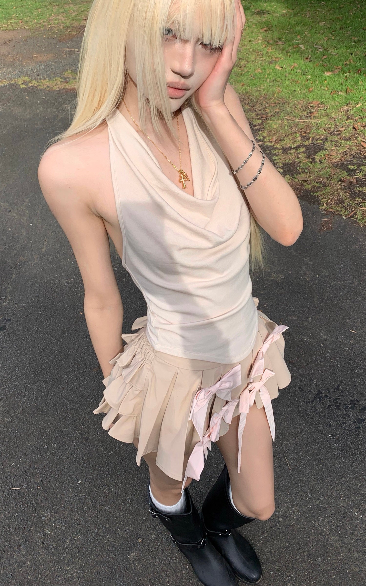 Rase le sol Jupe Mini à Volants Superposés avec Détails Nœud