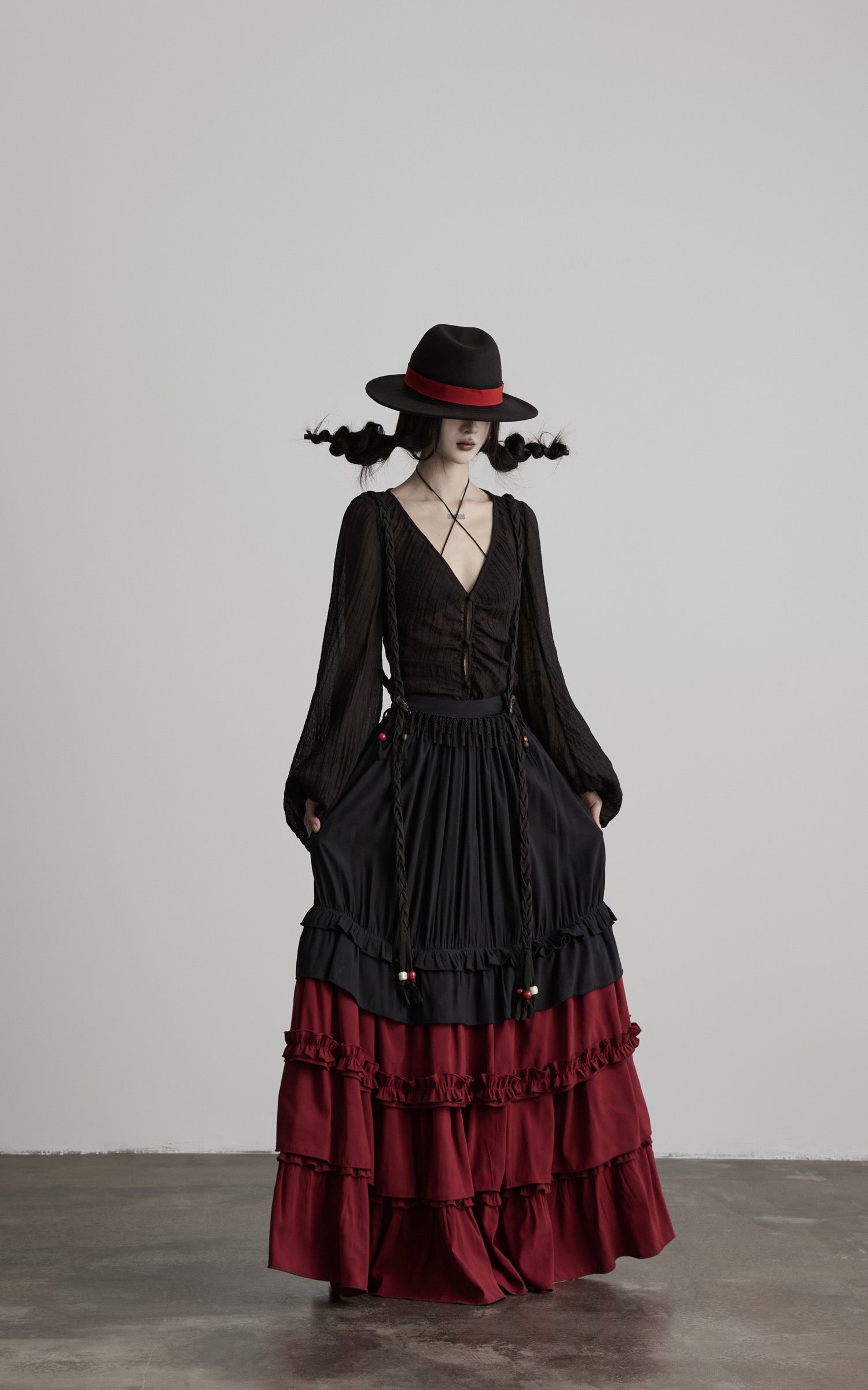 DOINDULGE Layered Ruffle Panel Maxi Skirt