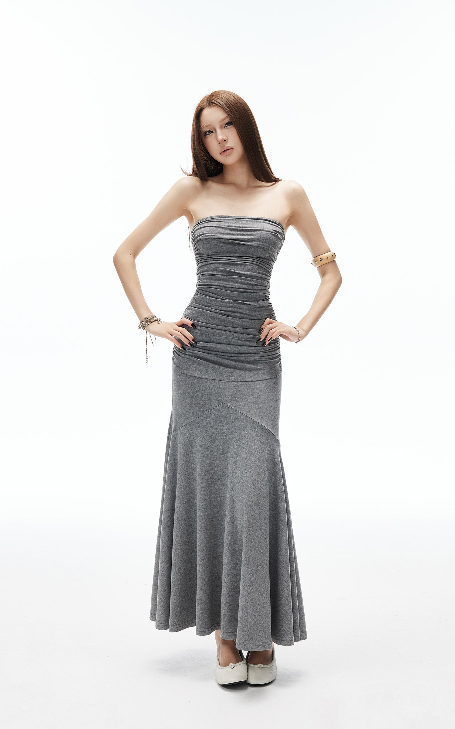 IAMXIAA 셔링 스트랩리스 튜브탑 &amp; 드레이프 맥시 스커트 세트 슬림핏 바디콘 우아한 투피스 아웃핏