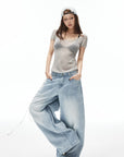 IAMXIAA ヴィンテージウォッシュ ワイドレッグデニムパンツ