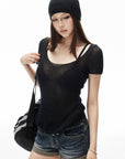 IAMXIAA Sheer Knit Scoop Neck Fitted Tee