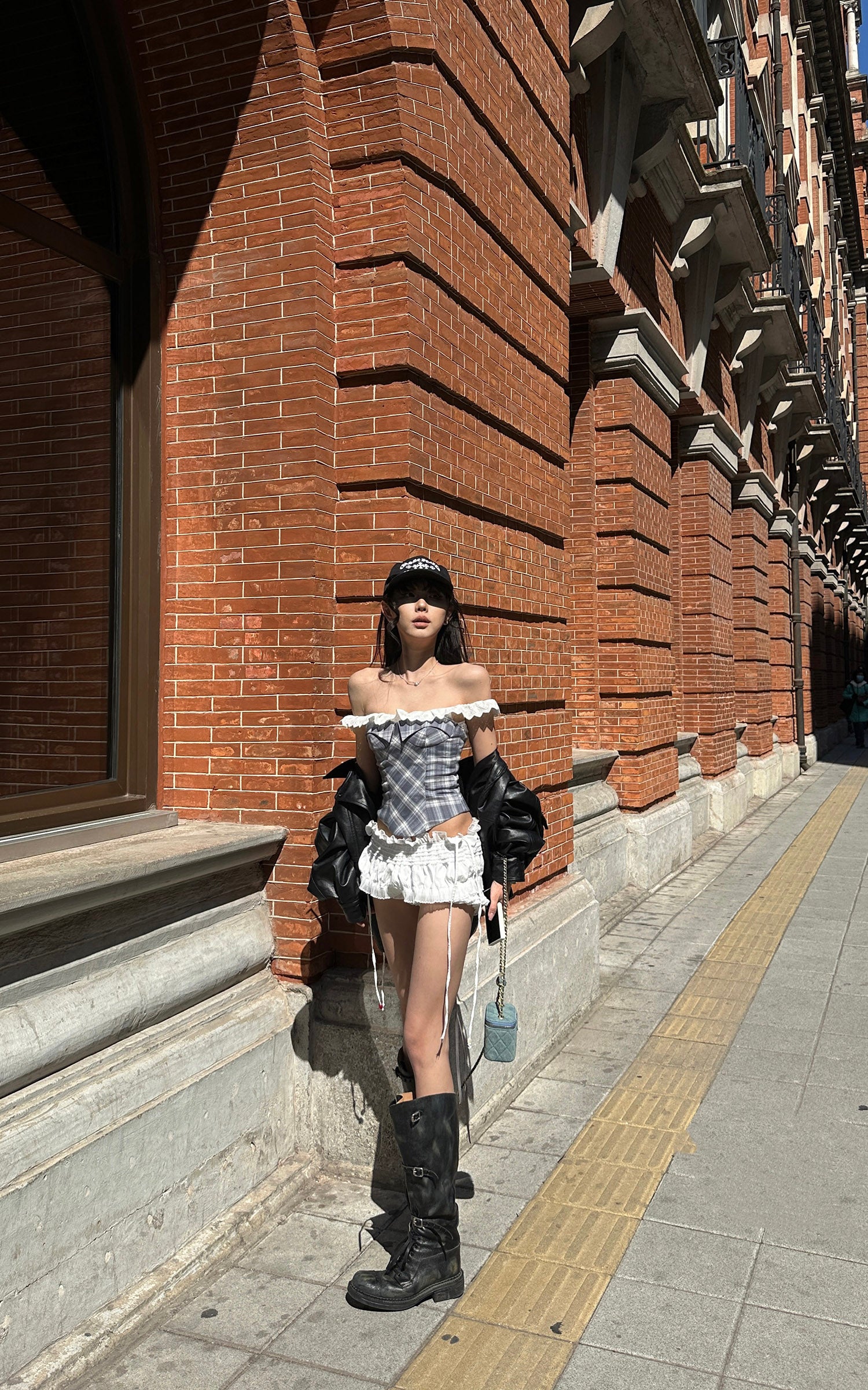 【値下不可】LUTENS Corsage off_shoulder top WARDEN EDGE Off Shoulder Plaid Corset Top Lace Trim Structured