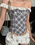 WARDEN EDGE Off Shoulder Plaid Corset Top Lace Trim Structured Bustier