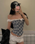 WARDEN EDGE Off Shoulder Plaid Corset Top Lace Trim Structured Bustier