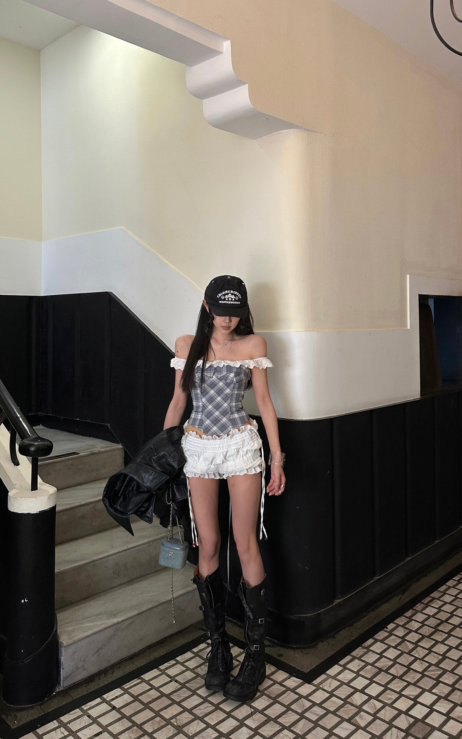 WARDEN EDGE Off Shoulder Plaid Corset Top Lace Trim Structured Bustier