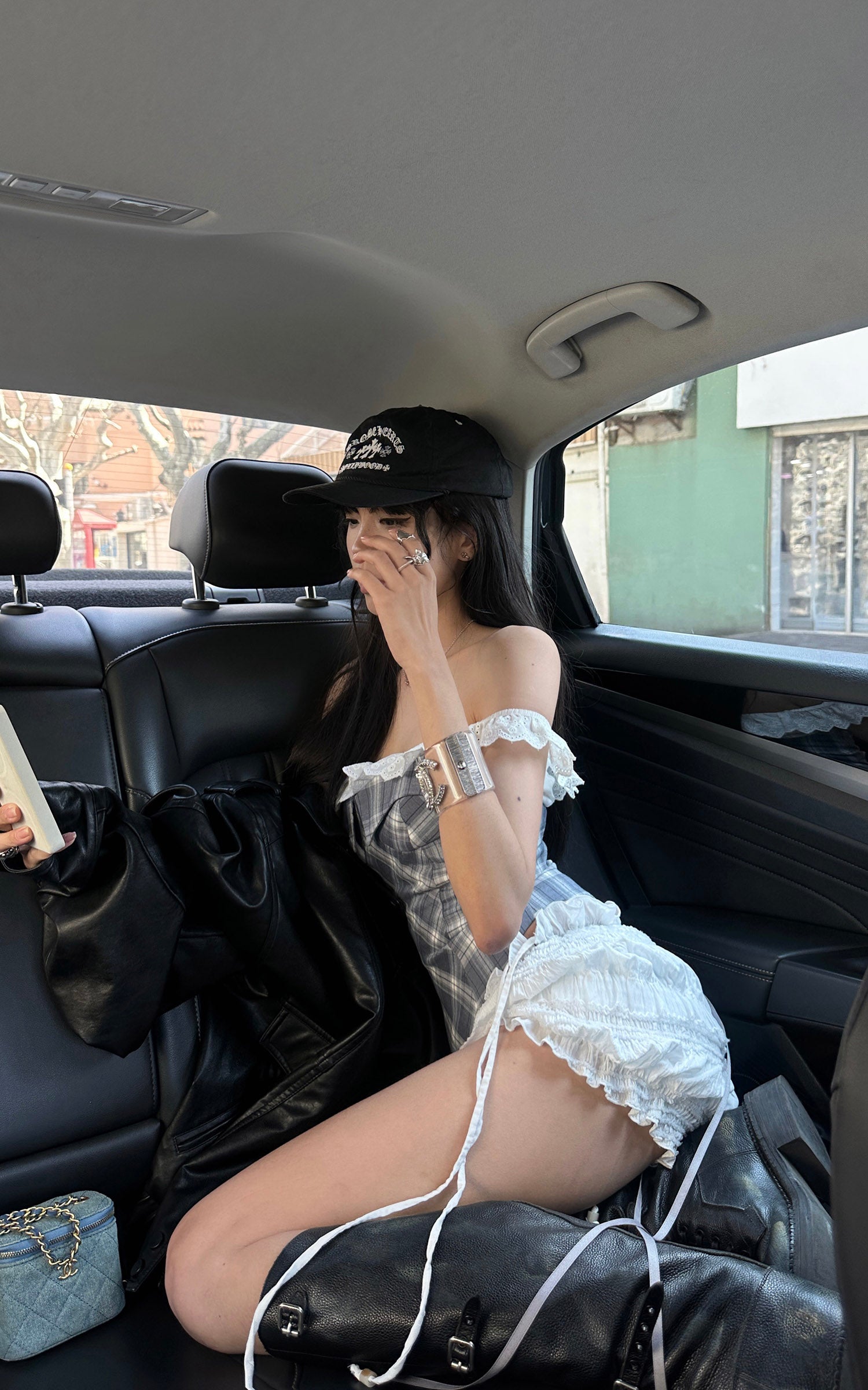 WARDEN EDGE Off Shoulder Plaid Corset Top Lace Trim Structured Bustier