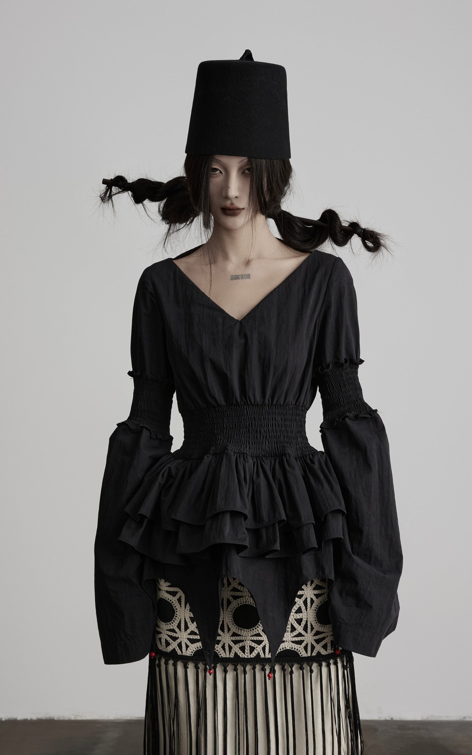 DOINDULGE Smocked Waist Ruffle Hem Blouse