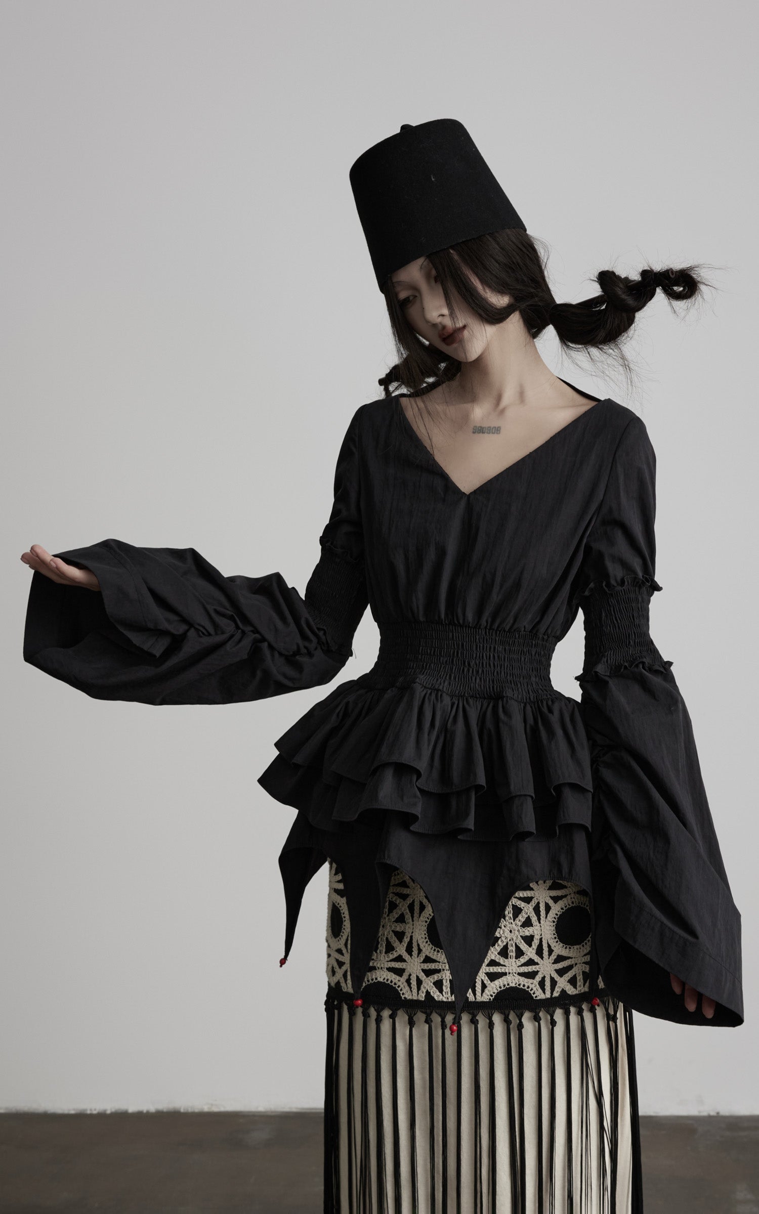 DOINDULGE Smocked Waist Ruffle Hem Blouse