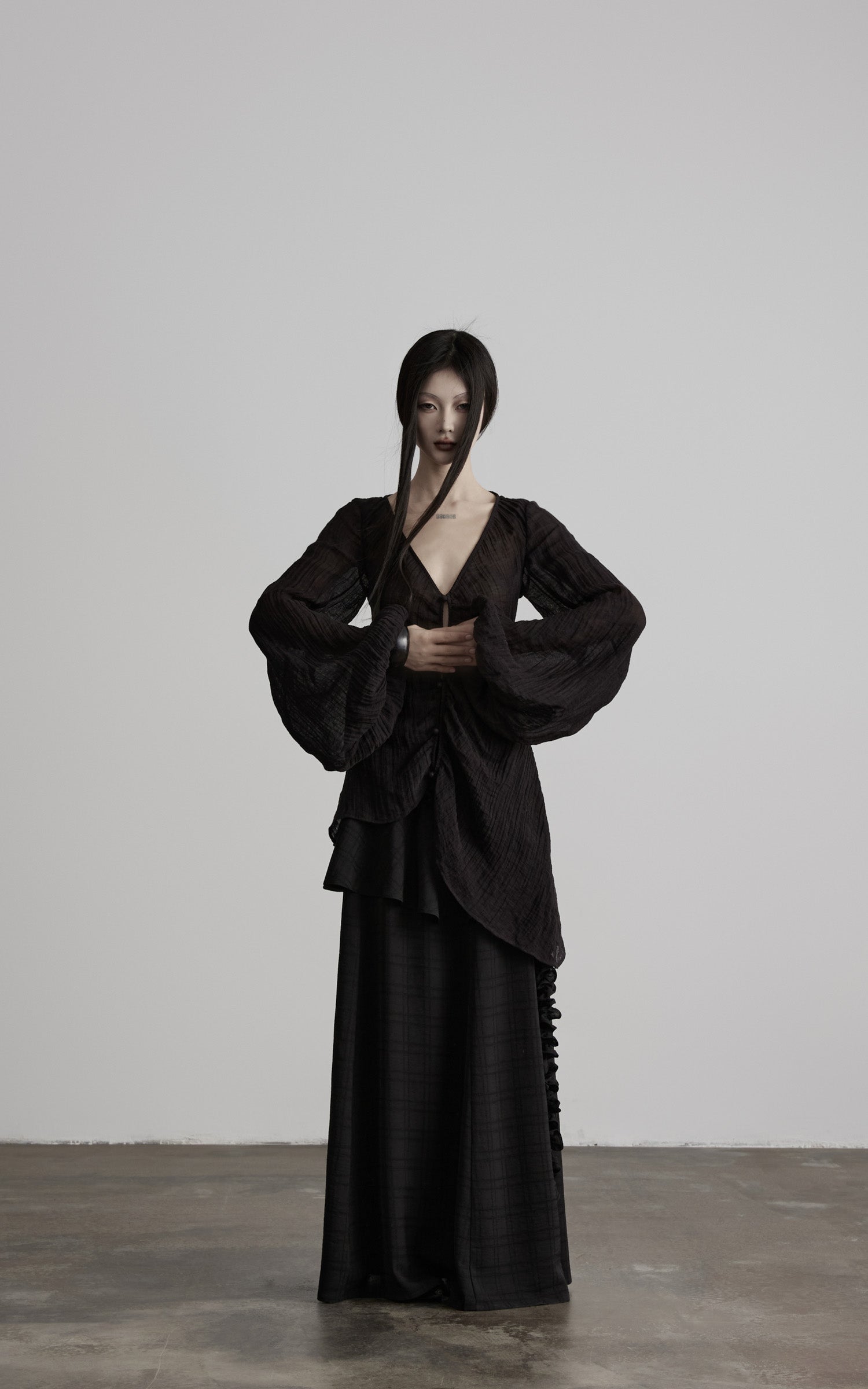 DOINDULGE Sheer Ruched Deep V Asymmetric Chiffon Blouse