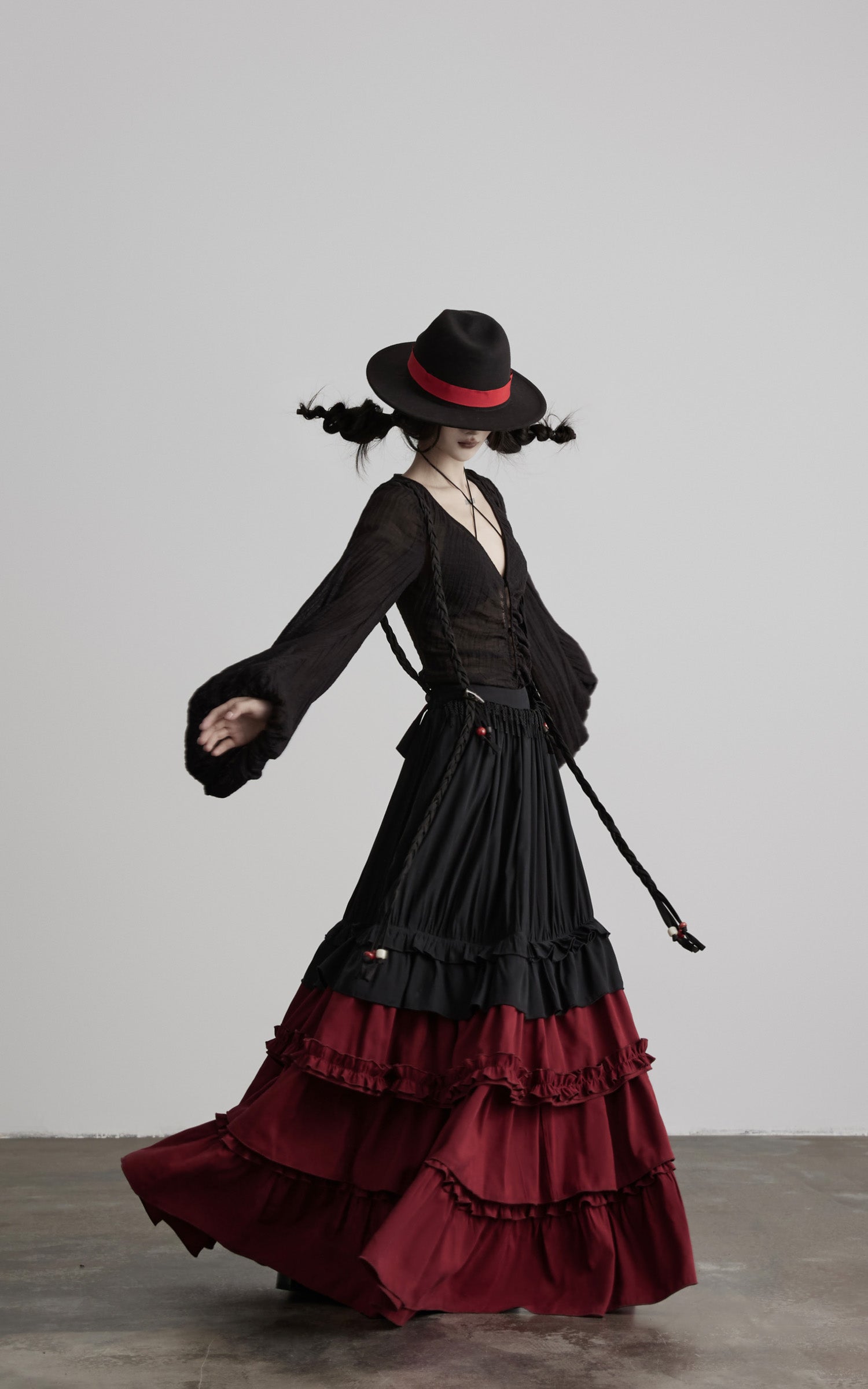 DOINDULGE Layered Ruffle Panel Maxi Skirt