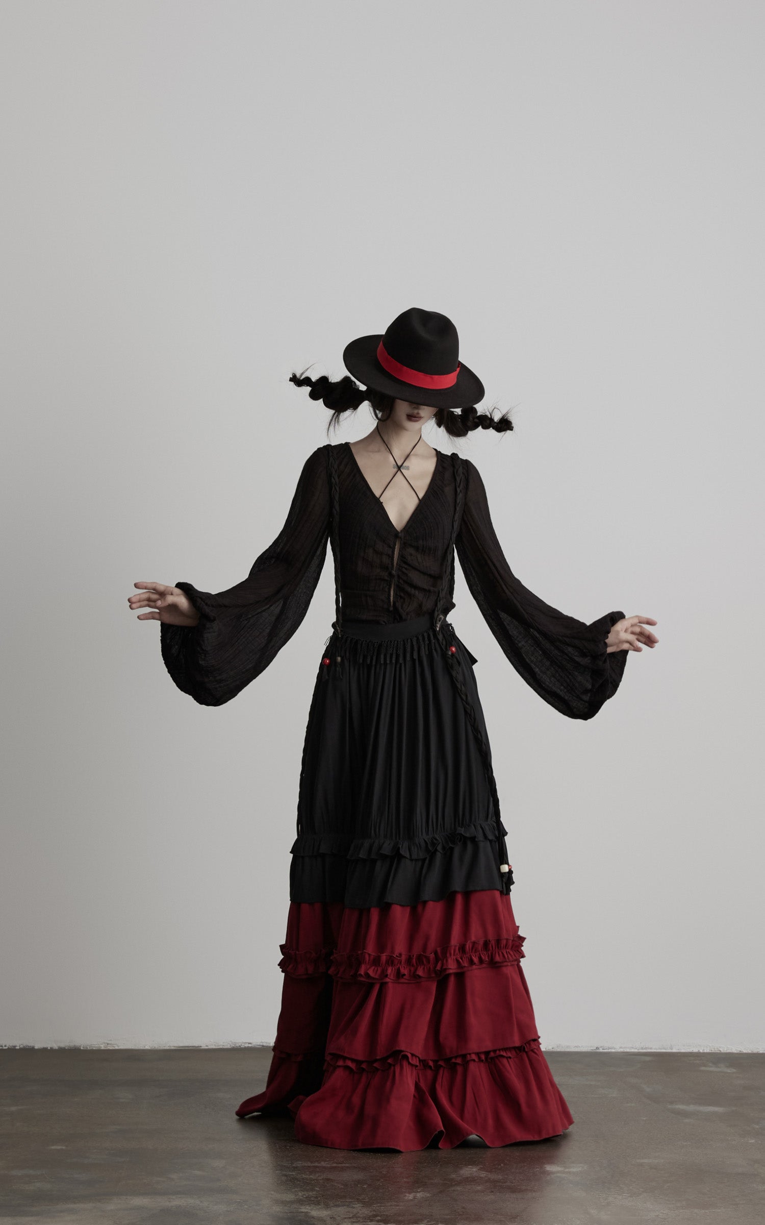 DOINDULGE Layered Ruffle Panel Maxi Skirt
