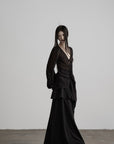 DOINDULGE Sheer Ruched Deep V Asymmetric Chiffon Blouse