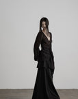 DOINDULGE Ruched Waist Asymmetric Ruffle Plaid Maxi Skirt