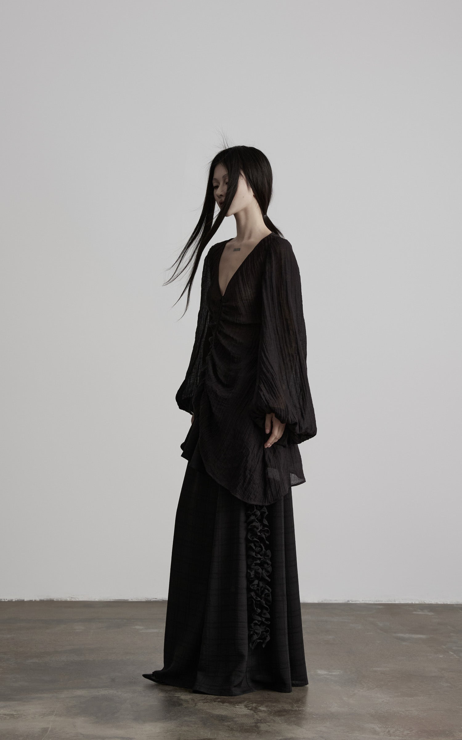 DOINDULGE Sheer Ruched Deep V Asymmetric Chiffon Blouse