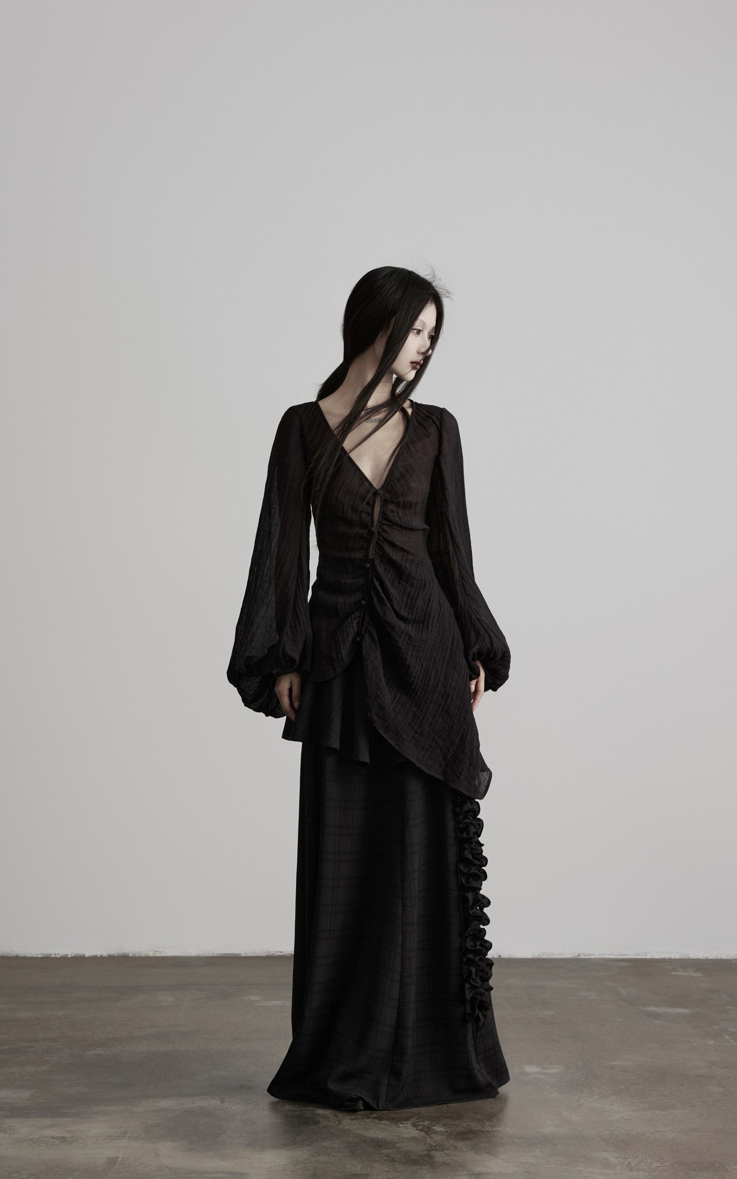 DOINDULGE Ruched Waist Asymmetric Ruffle Plaid Maxi Skirt
