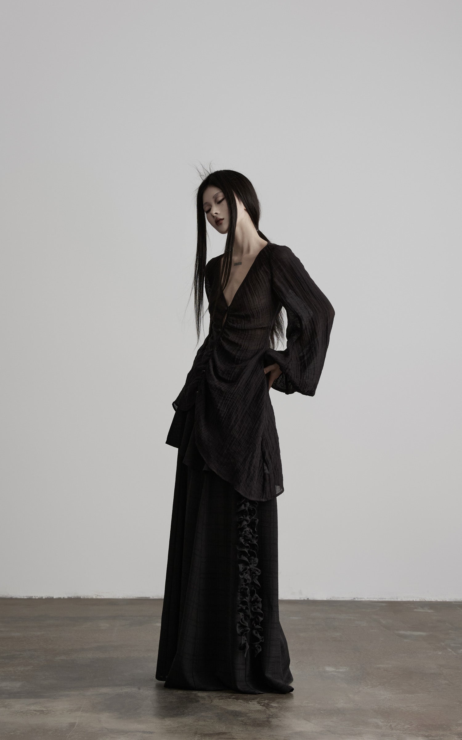 DOINDULGE Ruched Waist Asymmetric Ruffle Plaid Maxi Skirt