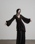 DOINDULGE Sheer Ruched Deep V Asymmetric Chiffon Blouse