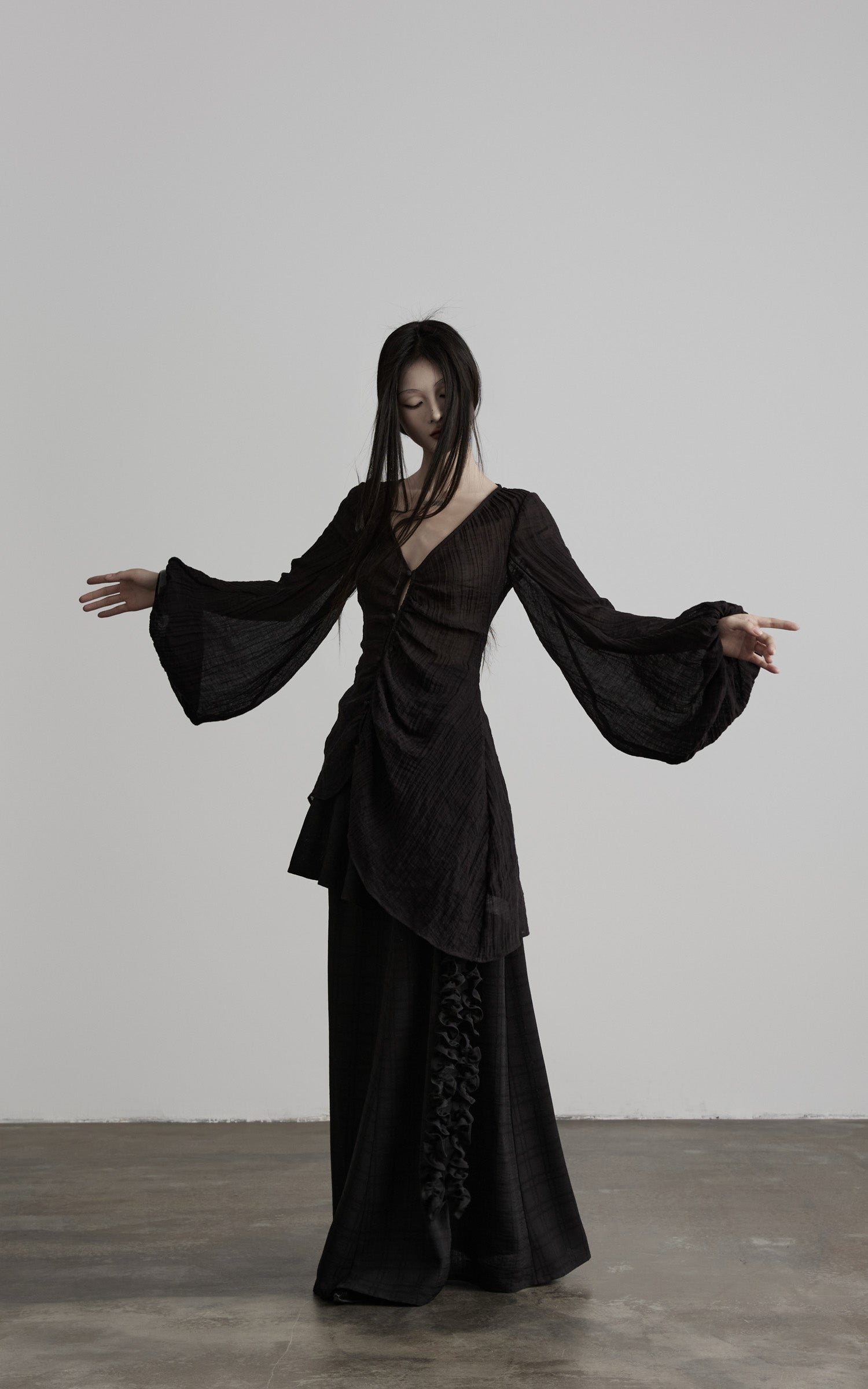 DOINDULGE Sheer Ruched Deep V Asymmetric Chiffon Blouse