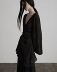 DOINDULGE Sheer Ruched Deep V Asymmetric Chiffon Blouse