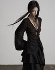 DOINDULGE Sheer Ruched Deep V Asymmetric Chiffon Blouse