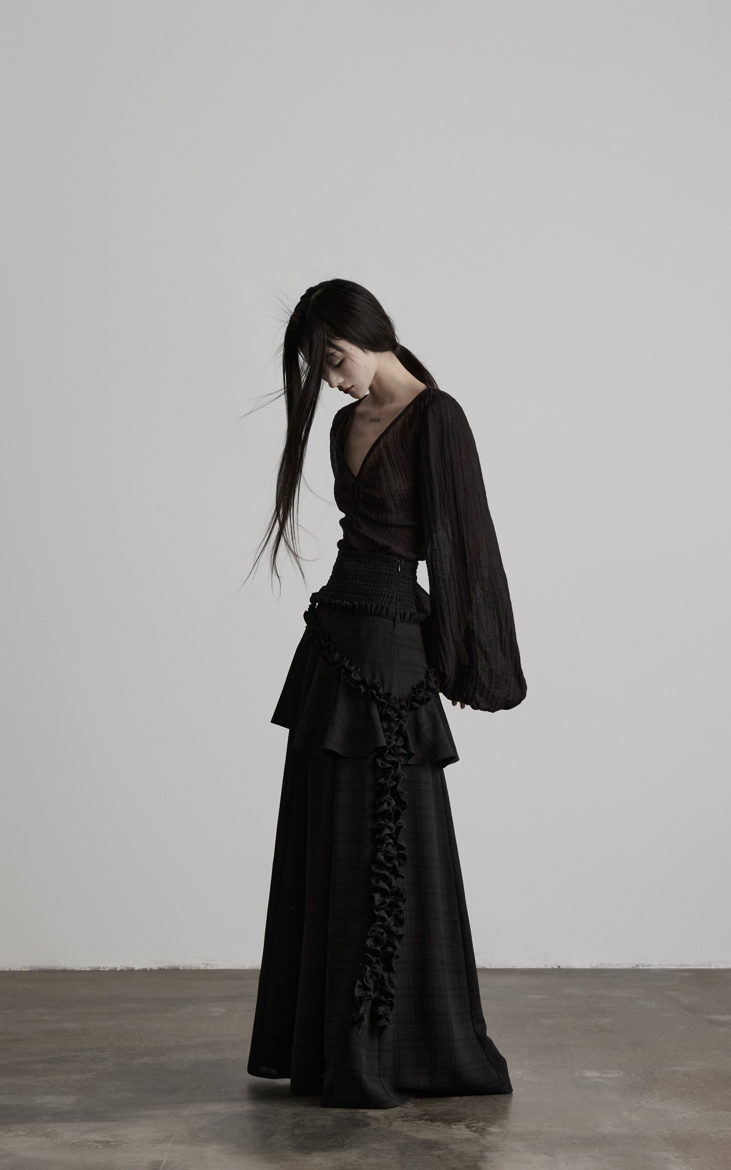DOINDULGE Sheer Ruched Deep V Asymmetric Chiffon Blouse