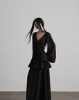 DOINDULGE Sheer Ruched Deep V Asymmetric Chiffon Blouse