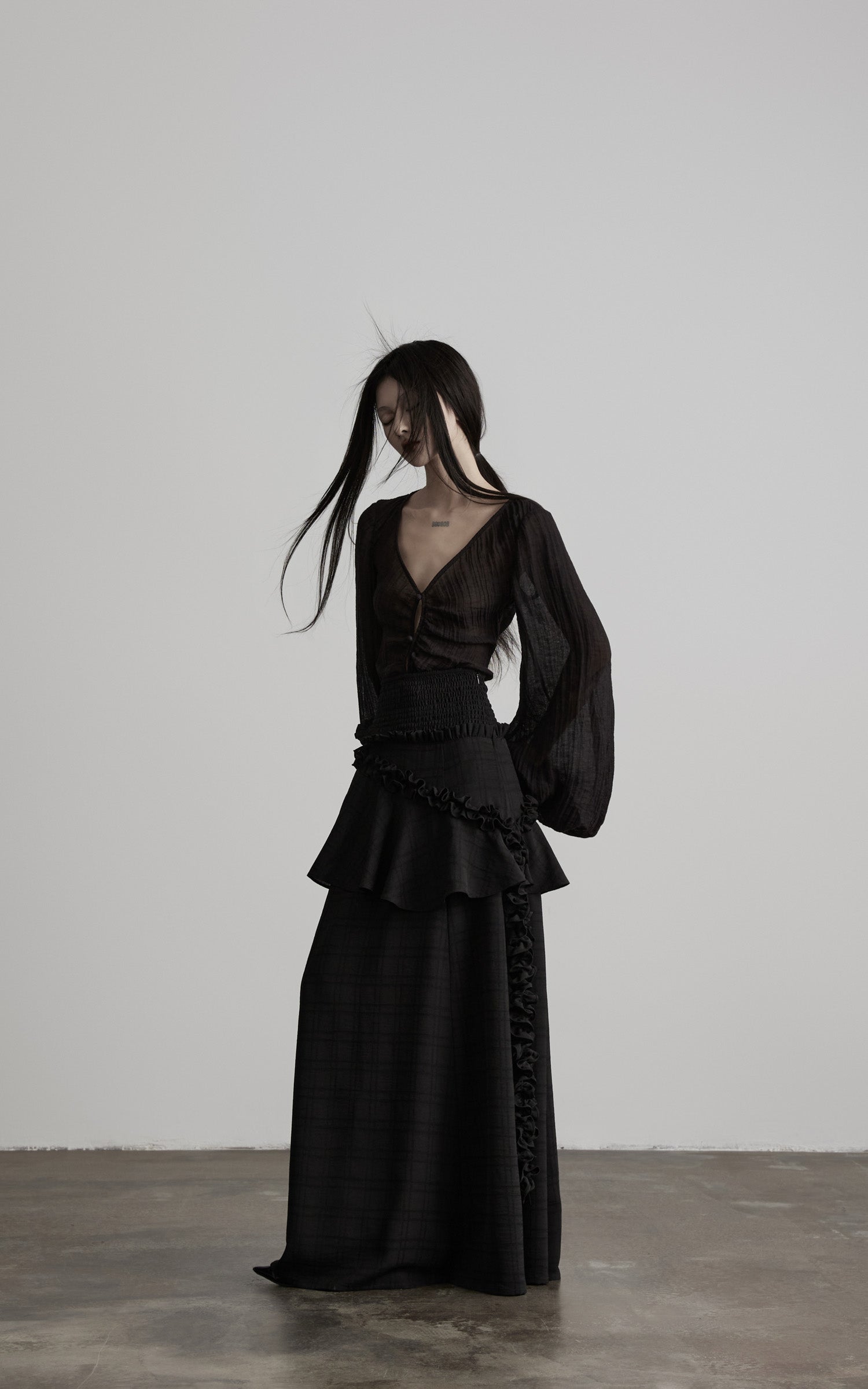 DOINDULGE Ruched Waist Asymmetric Ruffle Plaid Maxi Skirt