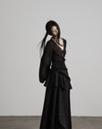 DOINDULGE Sheer Ruched Deep V Asymmetric Chiffon Blouse