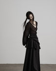 DOINDULGE Ruched Waist Asymmetric Ruffle Plaid Maxi Skirt