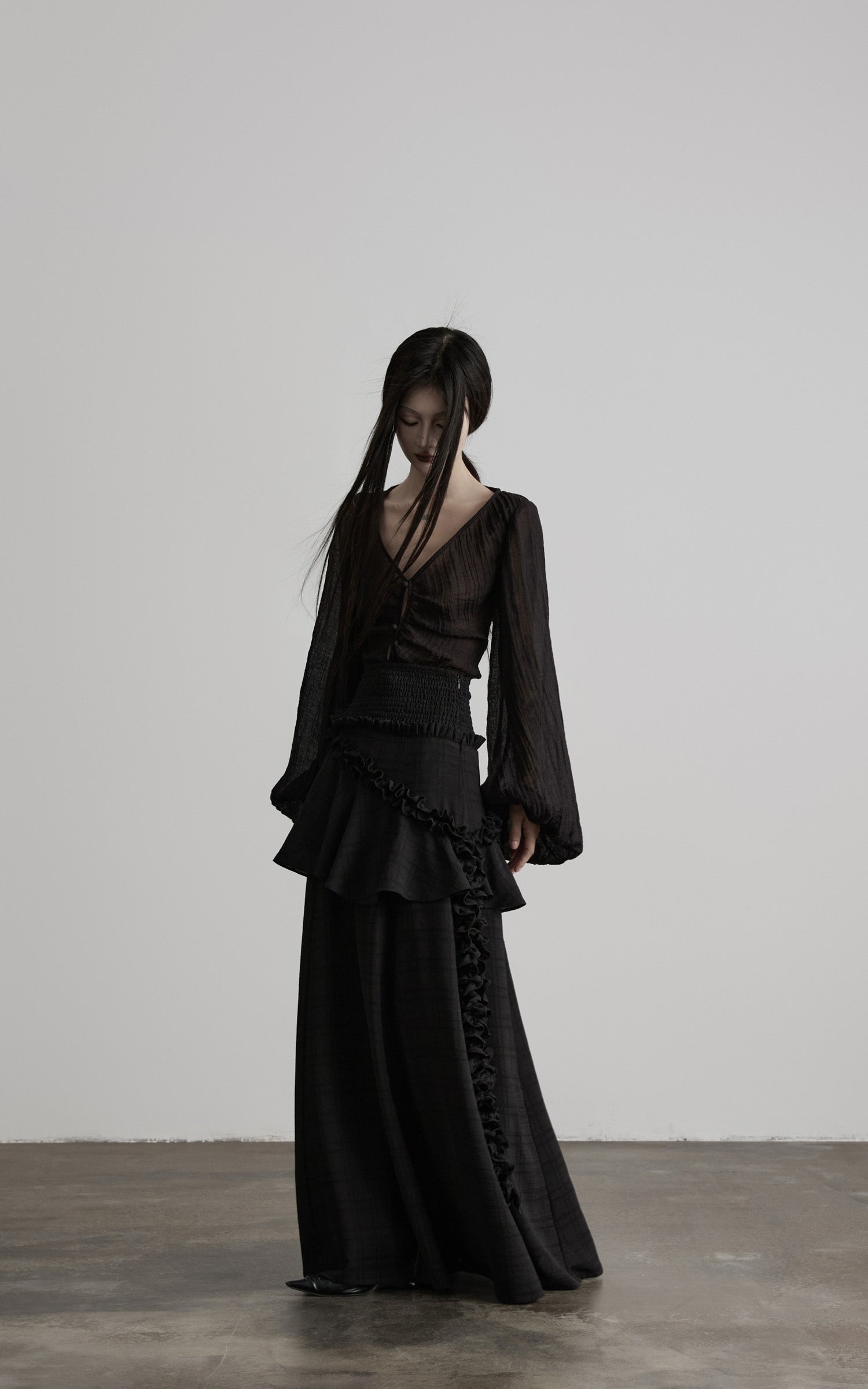 DOINDULGE Ruched Waist Asymmetric Ruffle Plaid Maxi Skirt