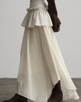 DOINDULGE Layered Ruffle Asymmetric Hem Striped Maxi Skirt