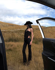 ROVENTE Lace Trim Tie Waist Flared Pants