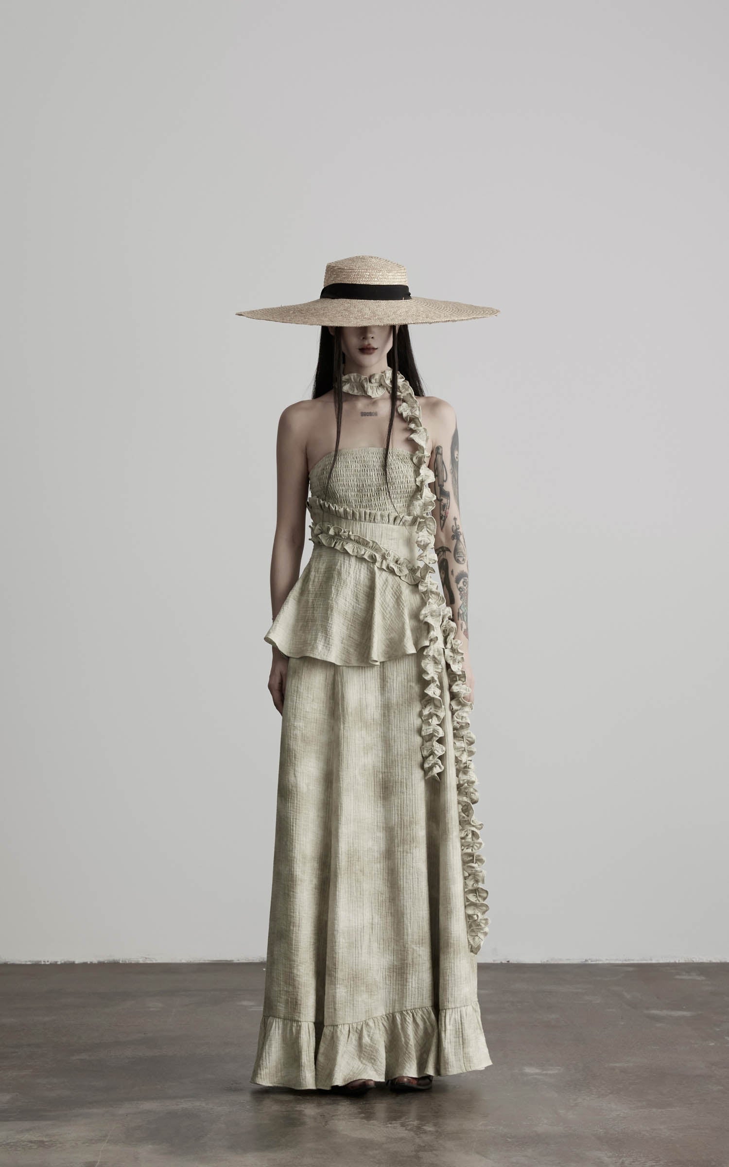 DOINDULGE Strapless Smocked Ruffle Maxi Dress
