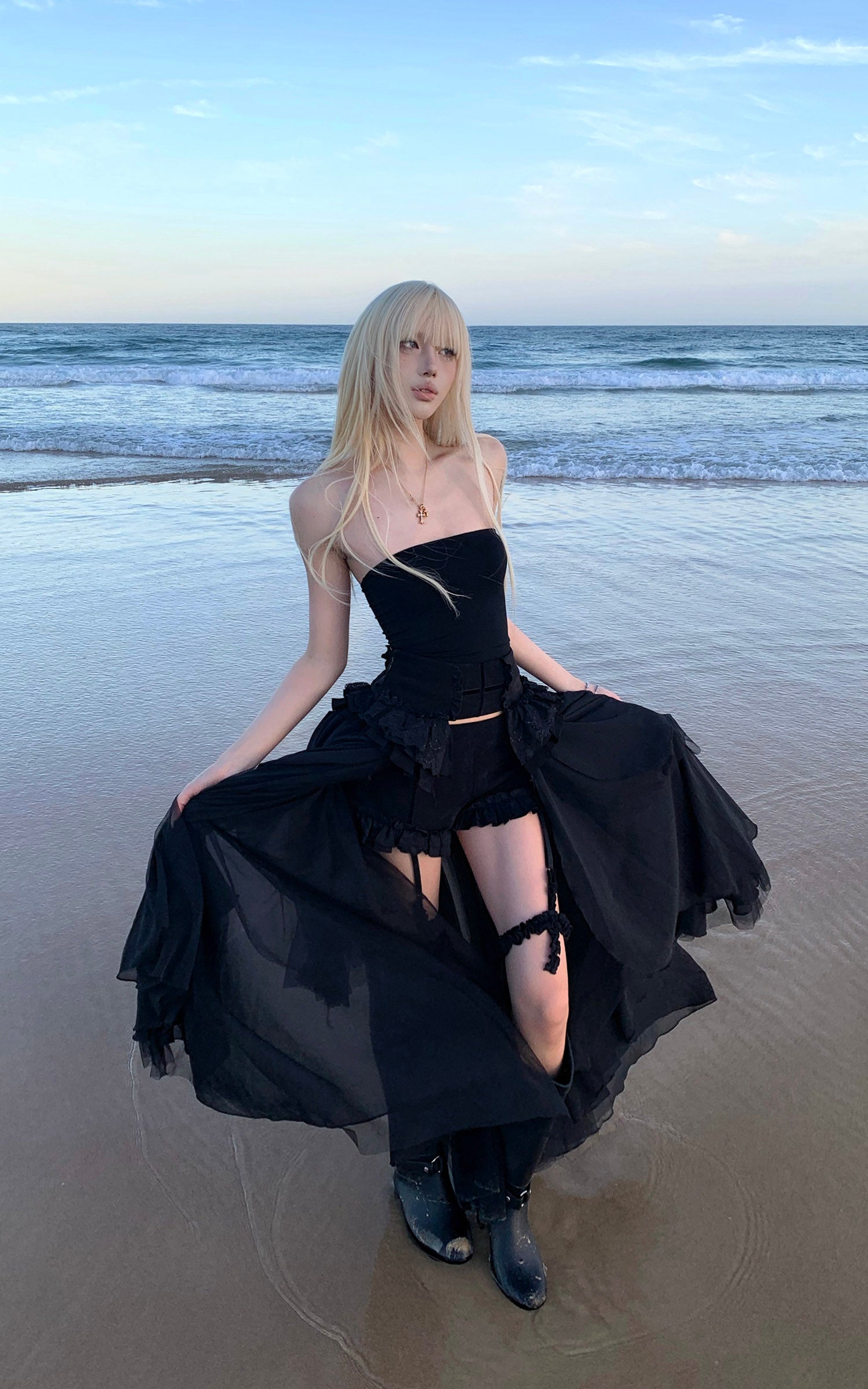 Rase Le Sol Sheer Layered Corset Top &amp; Asymmetric Ruffle Skirt Set