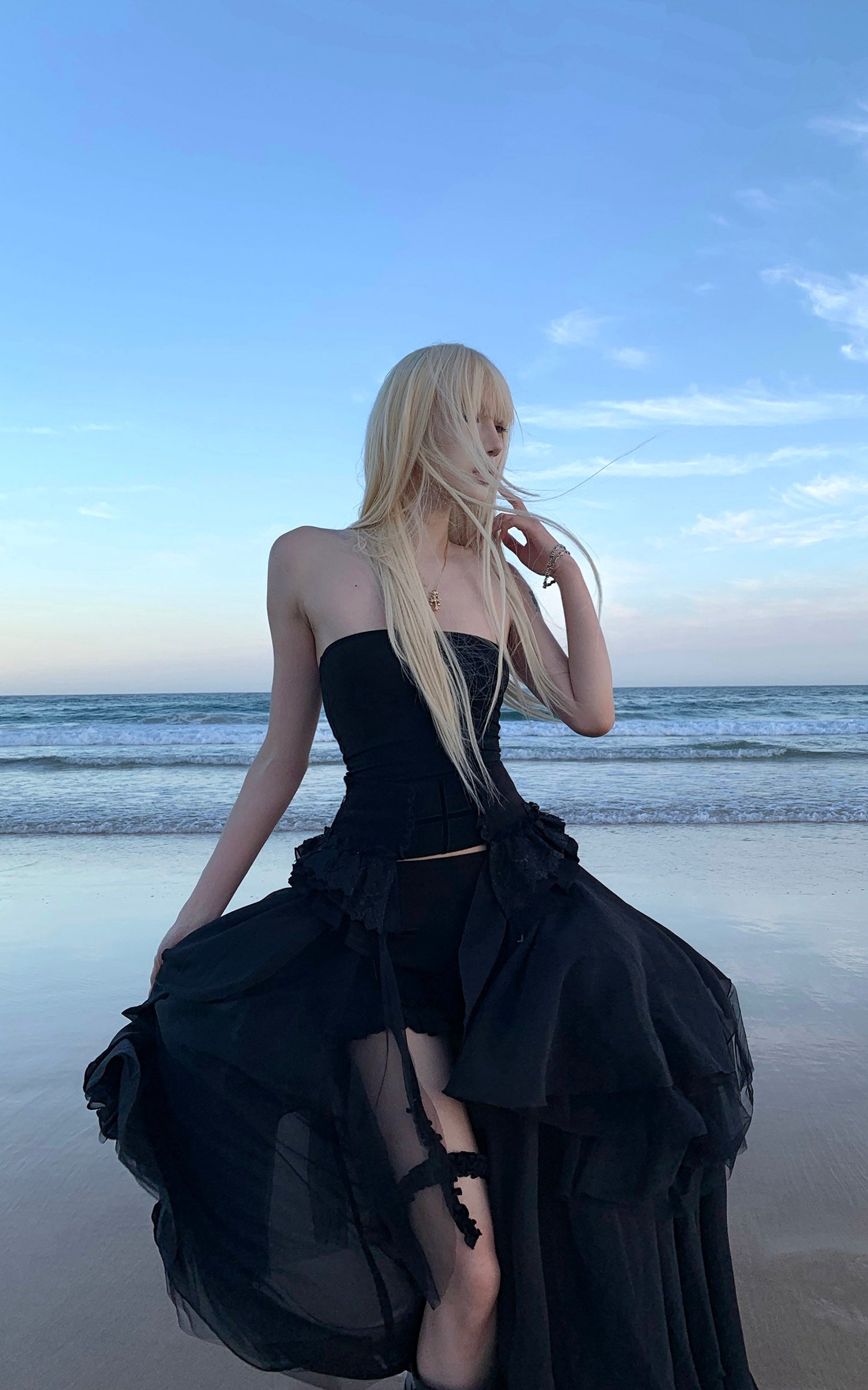 Rase Le Sol Sheer Layered Corset Top &amp; Asymmetric Ruffle Skirt Set
