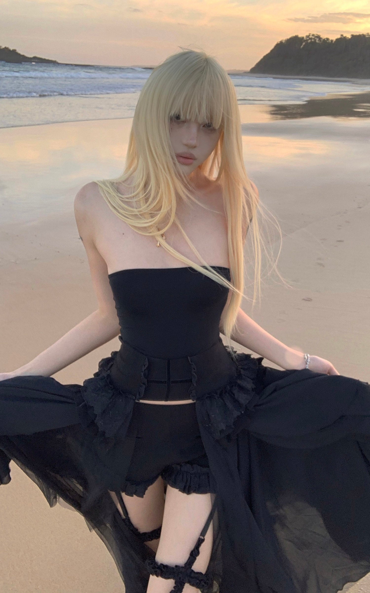 Rase Le Sol Sheer Layered Corset Top &amp; Asymmetric Ruffle Skirt Set