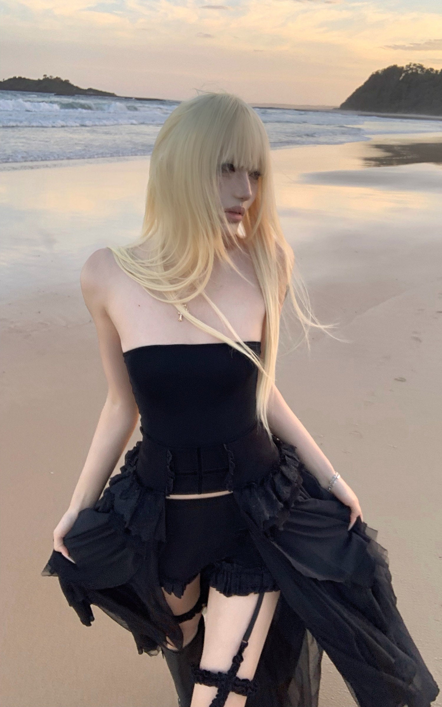 Rase Le Sol Sheer Layered Corset Top &amp; Asymmetric Ruffle Skirt Set