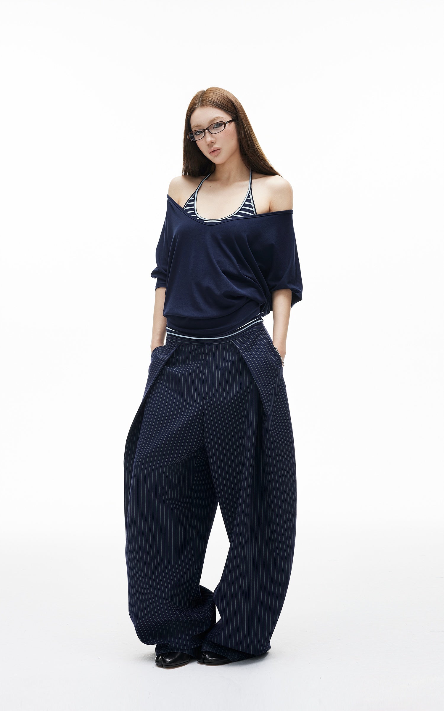 IAMXIAA Navy Layered Stripe Halter &amp; Slouchy V-Neck Top