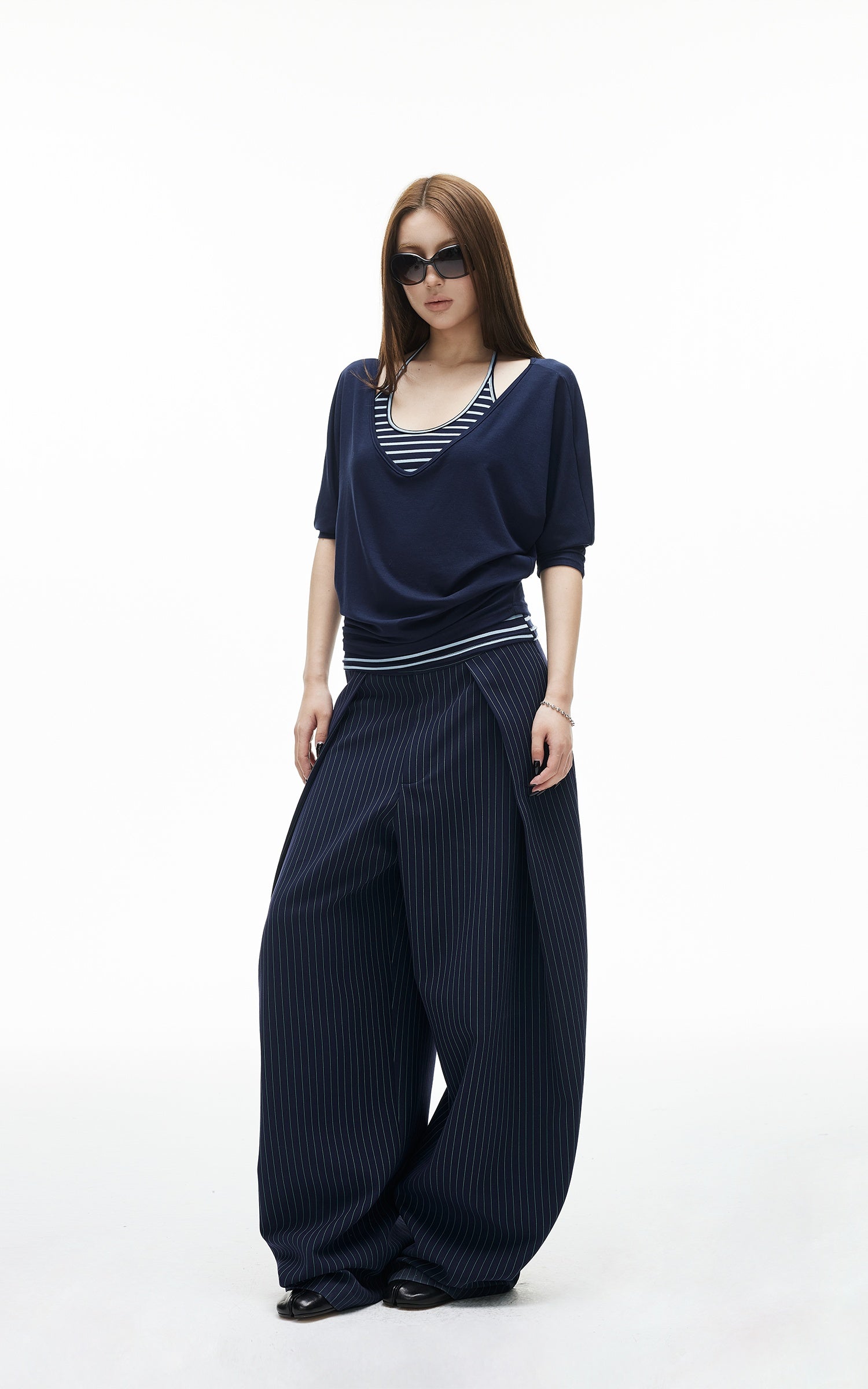 IAMXIAA Navy Layered Stripe Halter &amp; Slouchy V-Neck Top